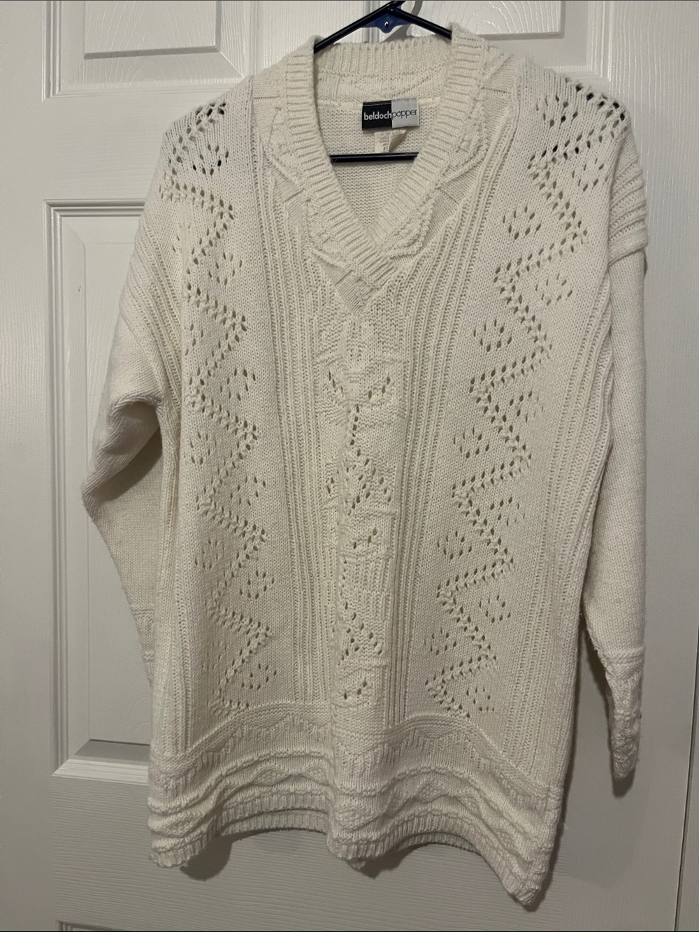 Women's Cream V-Neck Open-Stitch Sweater
